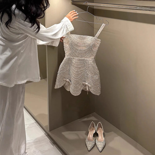 Luxury Nude Pearl Beaded A-Line Mini Evening Dress LA73211