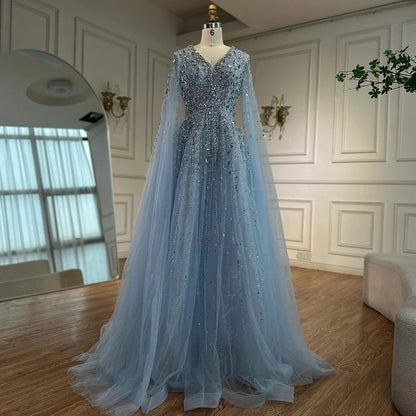 Luxury Blue Evening Dress with Cape 2025 LA72968 - SERENE HILL
