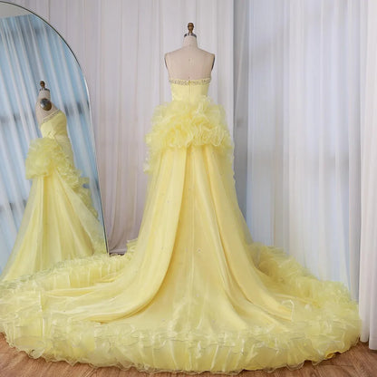 Luxury Dubai Evening Gown for Formal Occasion Elegant Yellow Dress with Ruffles and Beaded Details LA72889 - SERENE HILL