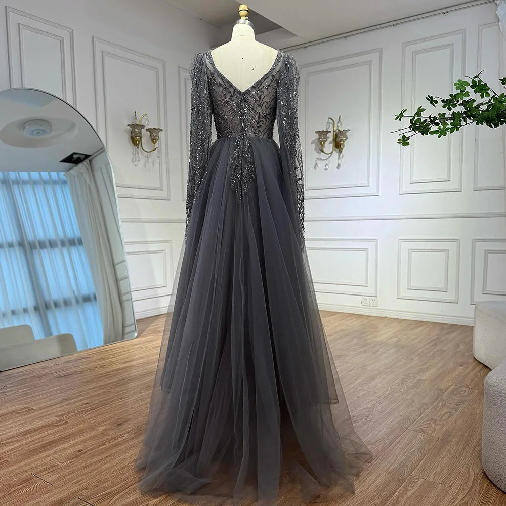 Luxury Gray A Line Beaded Evening Dress for Women LA73088 - SERENE HILL