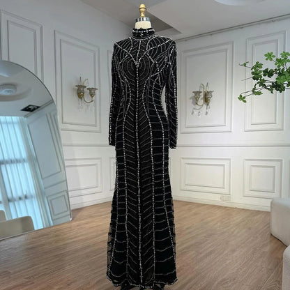 Muslim Luxury Black Beaded Saudi Arabic Mermaid Evening Dress LA72931 - SERENE HILL