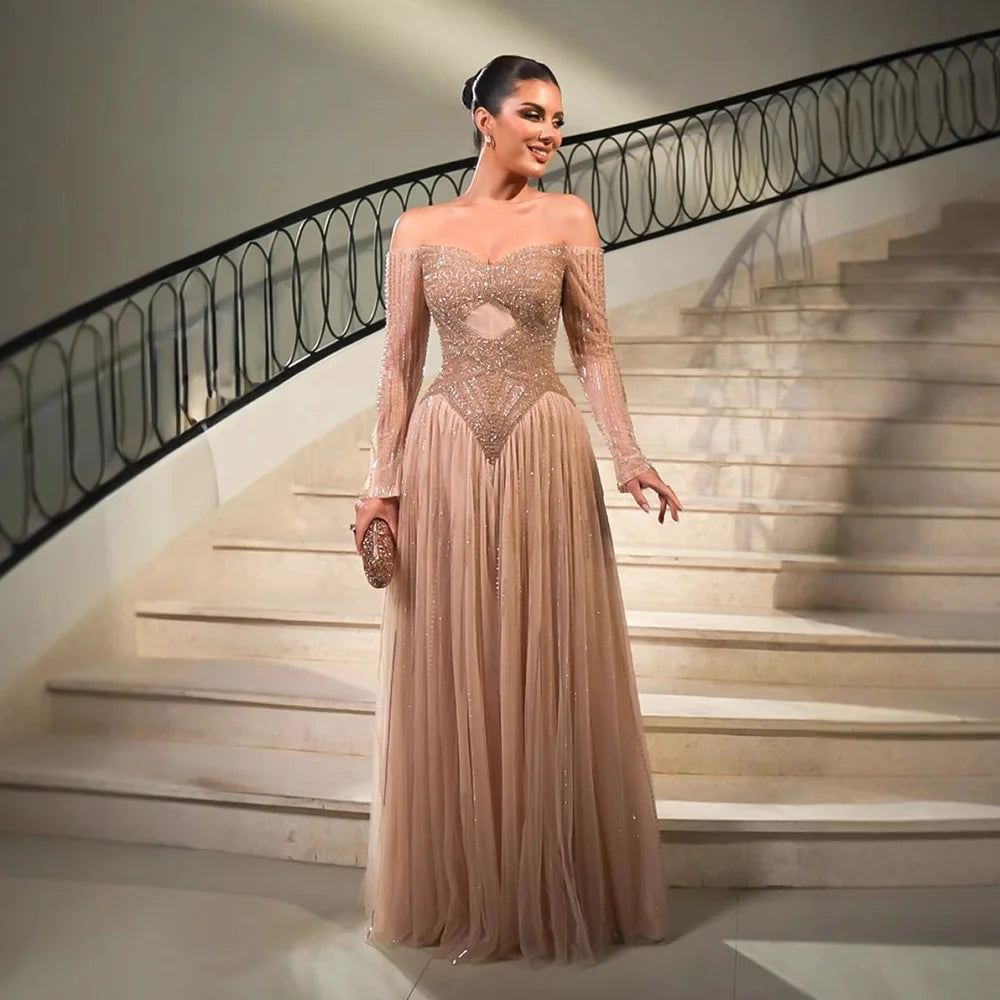 Luxury Nude Off Shoulder A-Line Beaded Evening Dress LA73038 - SERENE HILL