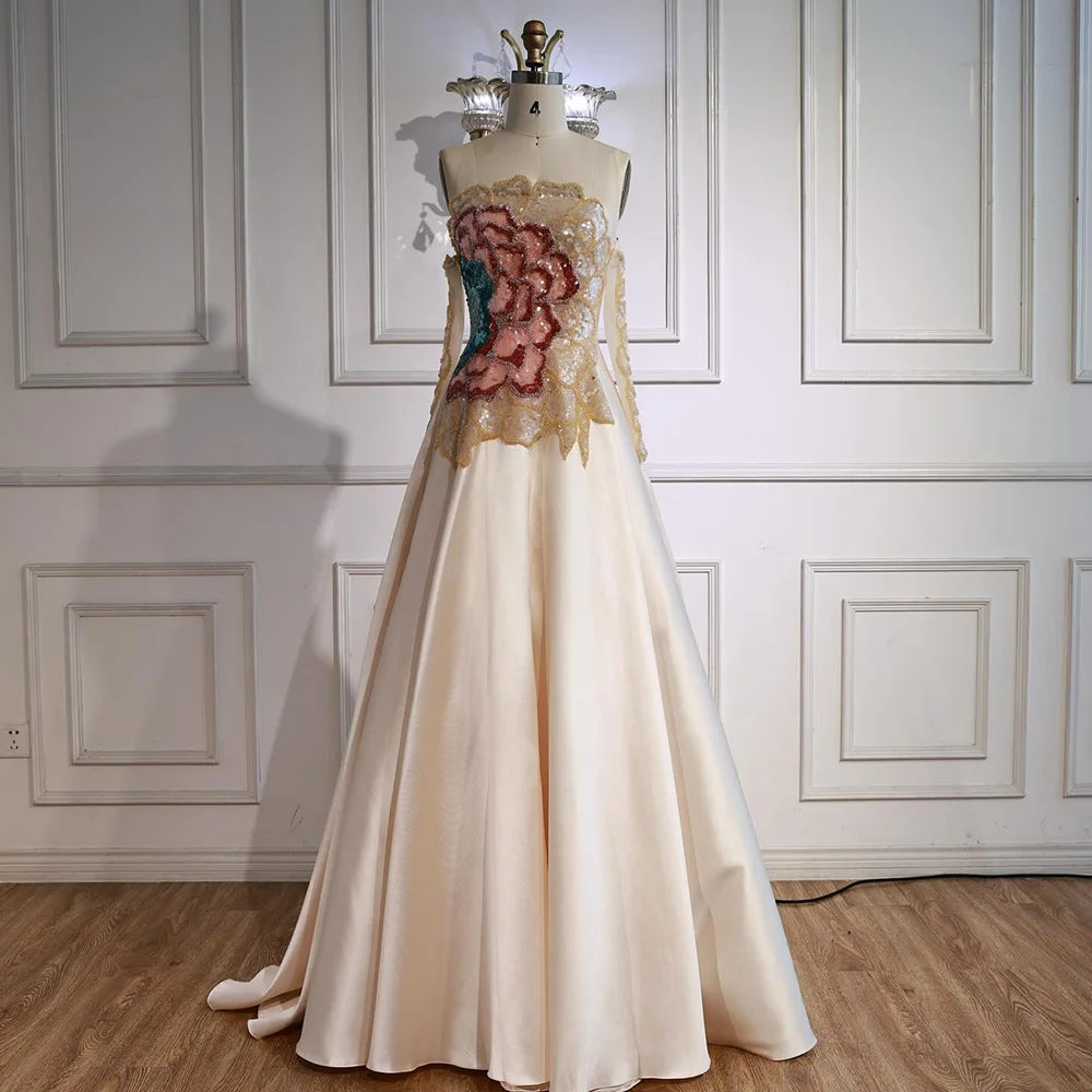 Luxury Chic Arabic Designer Beaded Satin A-Line Evening Dress LA72195B - SERENE HILL