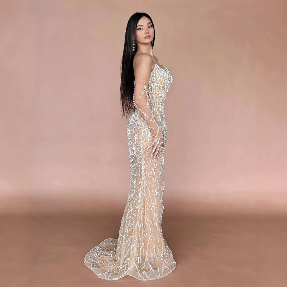 Luxury Nude Pearl Beaded Mermaid Evening Gown with Gloves LA72345C - SERENE HILL