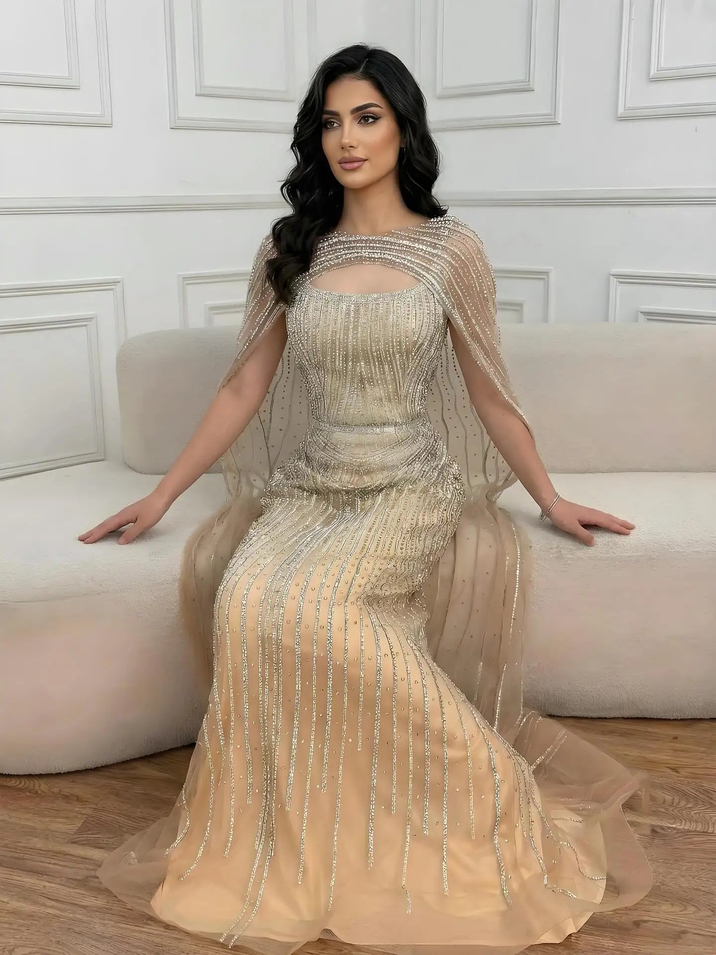 Luxury Blue Diamond Evening Dress With Cape LA73426 - SERENE HILL
