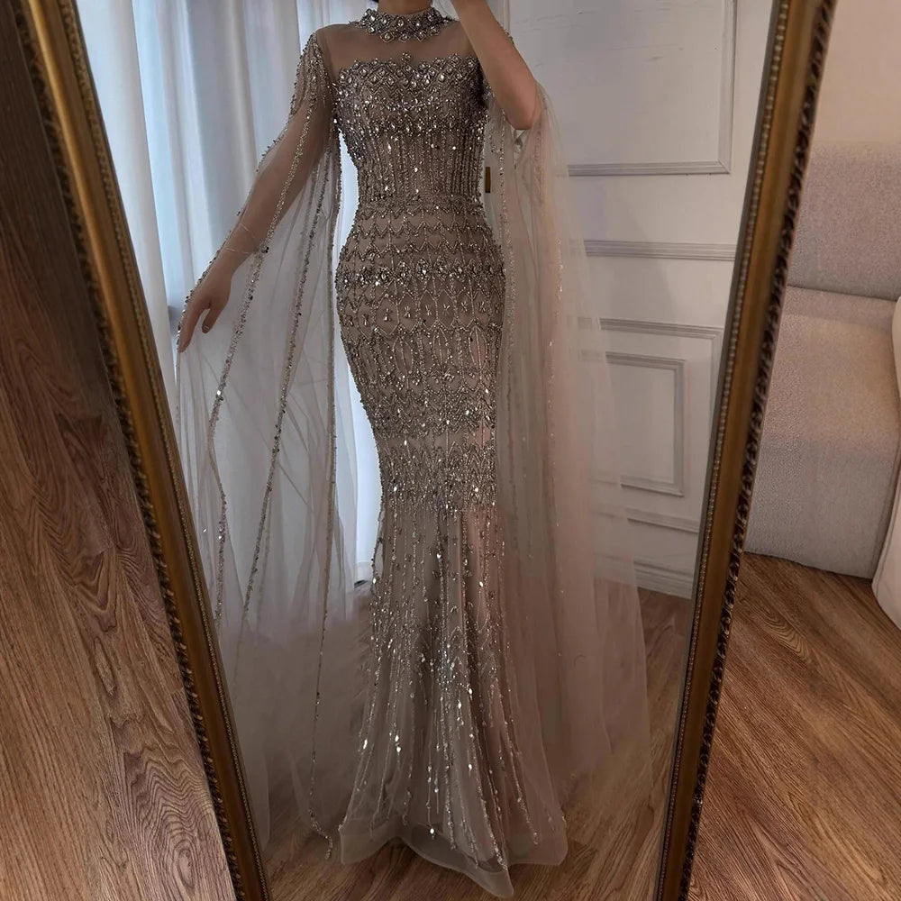 Luxury Nude Beaded Evening Dress with Long Cape Sleeves LA72714A - SERENE HILL