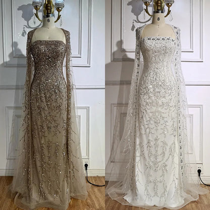 Luxury White Dubai Arabia Beading Evening Dress With Cape LA72870 - SERENE HILL