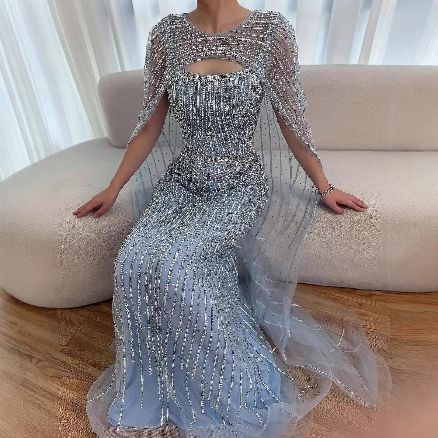 Luxury Blue Diamond Evening Dress With Cape LA73426 - SERENE HILL