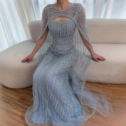 Luxury Blue Diamond Evening Dress With Cape LA73426 - SERENE HILL