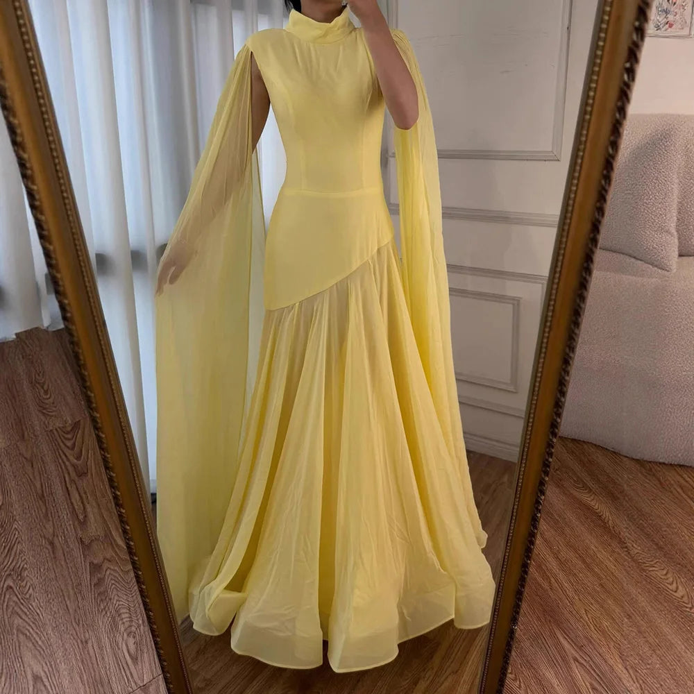 Luxury Yellow High Neck A-Line Evening Dress with Cape Sleeves LA73097 - SERENE HILL