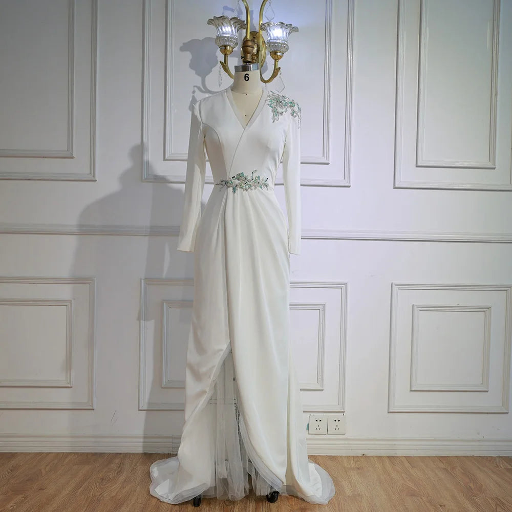 Elegant White Floral Beaded Evening Dress with Slit LA73030 - SERENE HILL