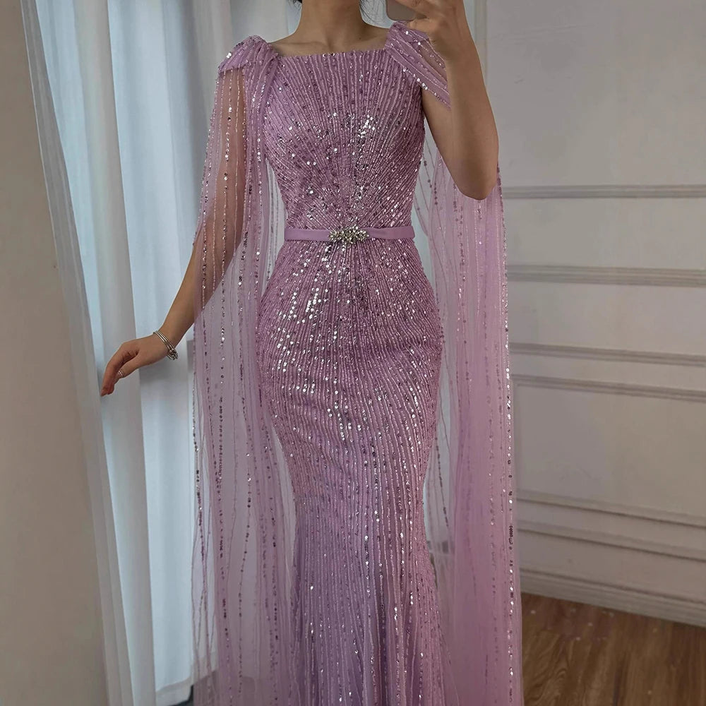 Luxury Arabic Purple Mermaid Evening Dress with Cape Sleeves LA71909 - SERENE HILL