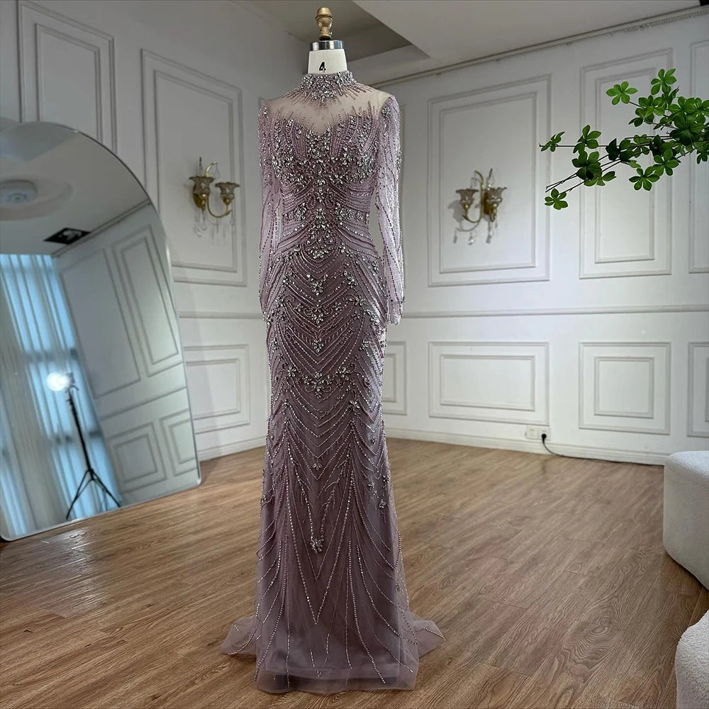 Luxury Pink Beaded Mermaid Evening Dress Long Sleeve LA73158 - SERENE HILL