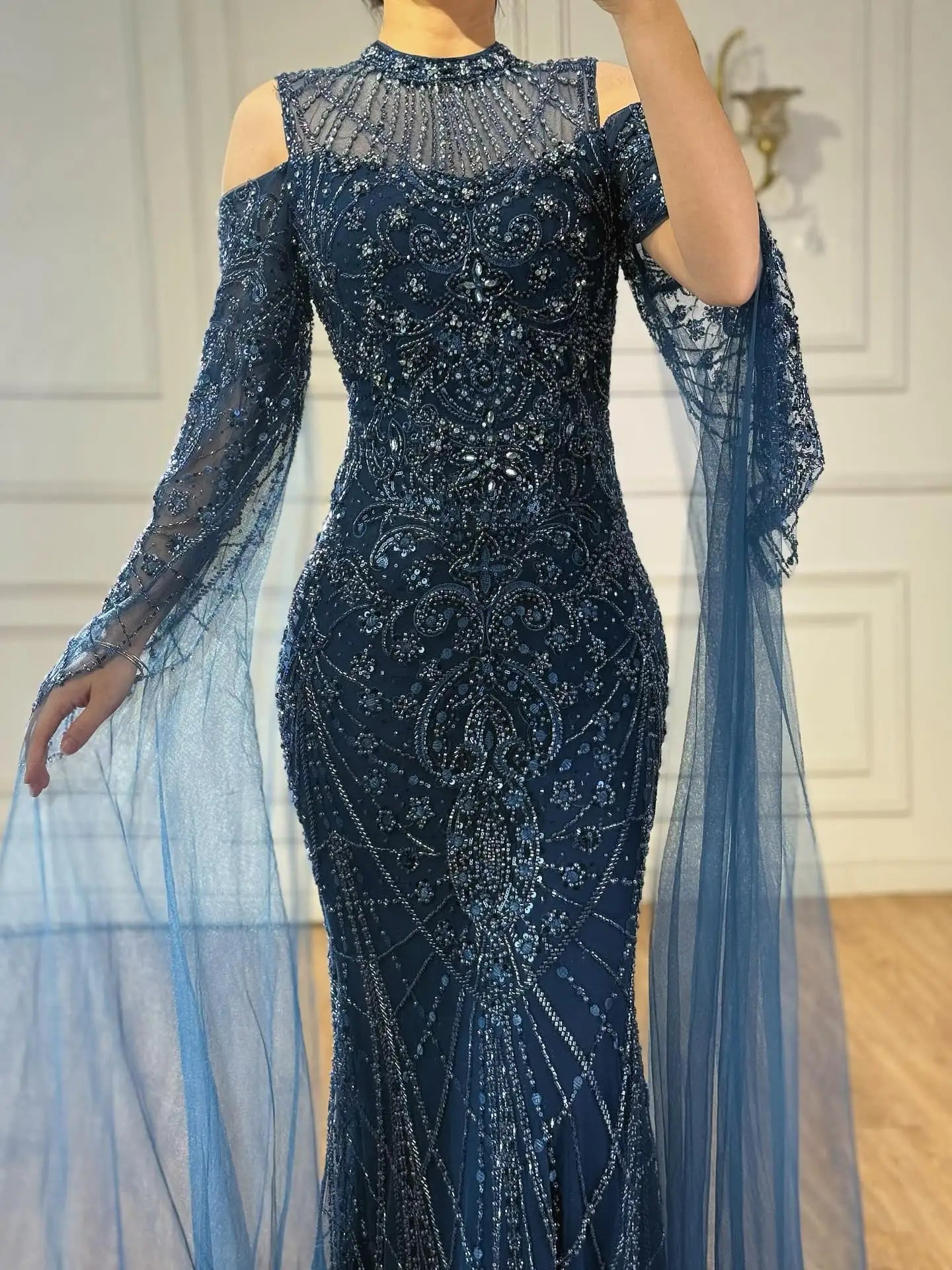 Luxury Dubai Navy Blue Beaded Lace Evening Dress with Cape Sleeves LA73323 - SERENE HILL