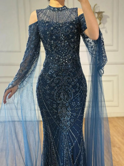 Luxury Dubai Navy Blue Beaded Lace Evening Dress with Cape Sleeves LA73323 - SERENE HILL