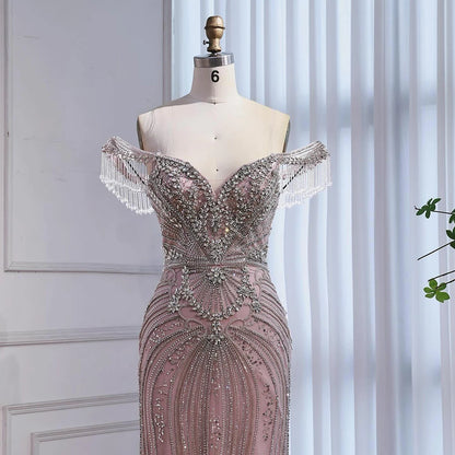 Luxury Pink Crystal Tassel Off Shoulder Evening Dress Dubai LA73204 - SERENE HILL