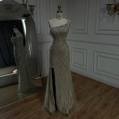 Luxury Caramel One Shoulder Beaded Slit Evening Gown with Tassel Detail LA72926 - SERENE HILL