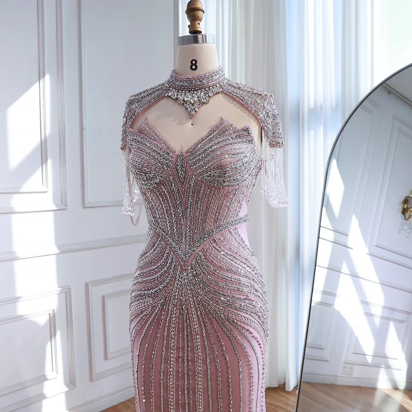 Nude Mermaid Evening Dress with Detachable High Neck Tassel LA72891A - SERENE HILL
