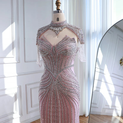Nude Mermaid Evening Dress with Detachable High Neck Tassel LA72891A - SERENE HILL