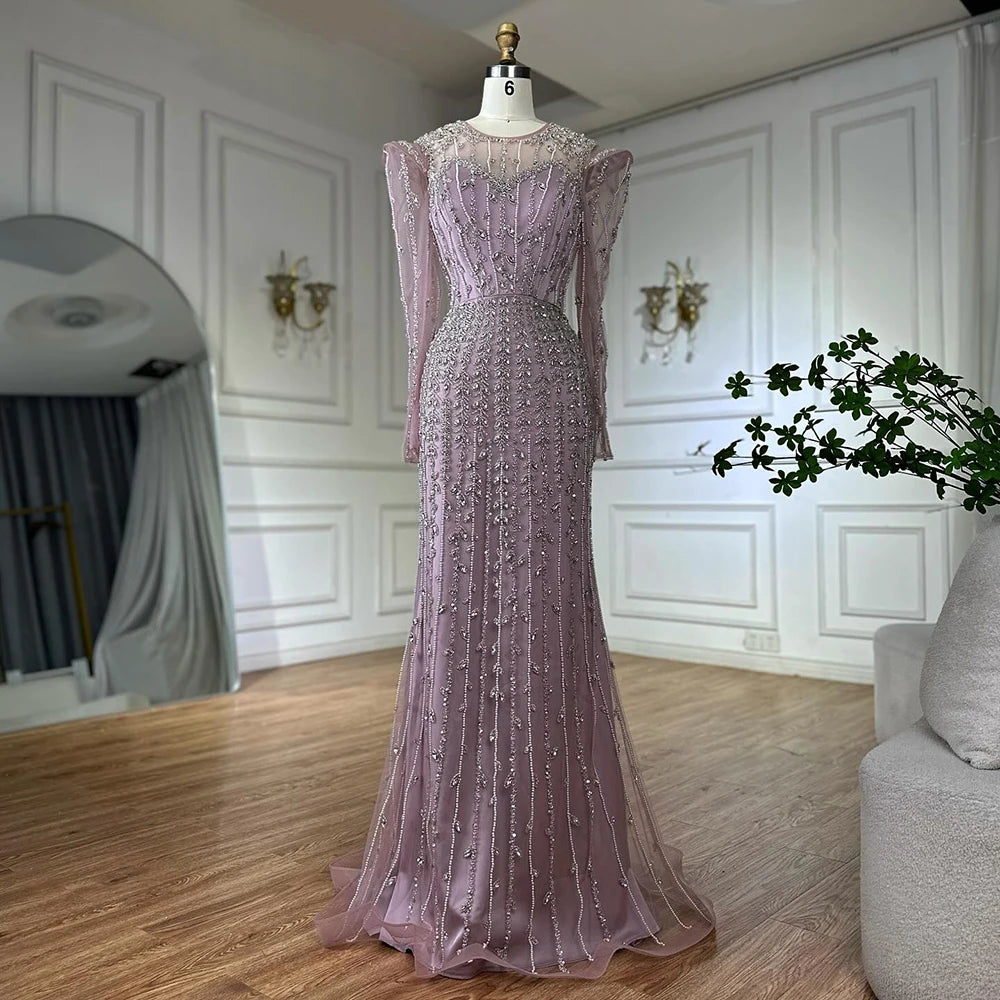 Luxury Dubai Pink Elegant Pearls Beaded Mermaid Evening Dress LA72826 - SERENE HILL