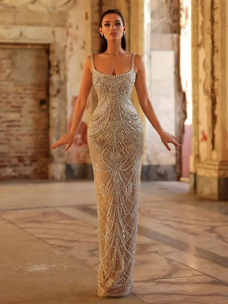 Luxury Nude Mermaid Evening Dress with Spaghetti Straps LA72986 - SERENE HILL
