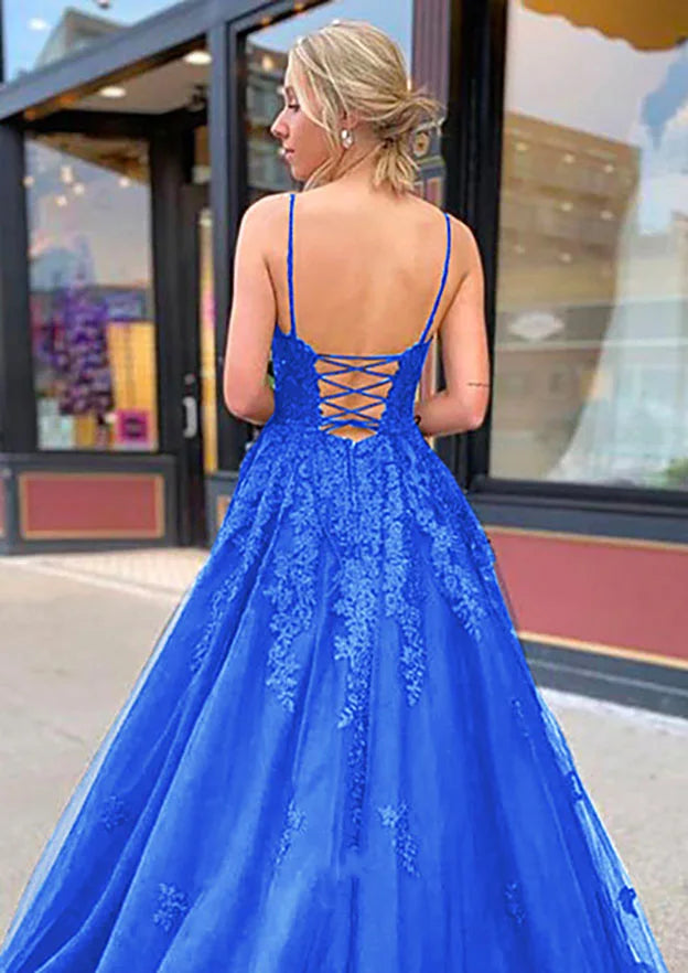 Serene Hill Arabic Blue A-Line Spaghetti Straps Tulle Prom Dress with Appliqués for Women&
