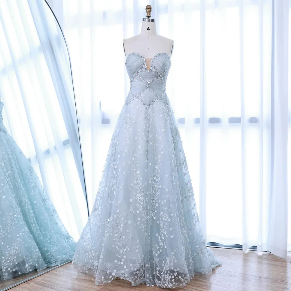 Luxury Dubai Arabic Light Blue Dreamy A-Line Evening Dress LA73099 - SERENE HILL