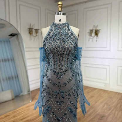 Luxury Dubai Arabic Blue Beaded Evening Dress with Gloves LA72760A - SERENE HILL