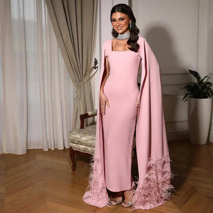Luxury Arabic Pink Mermaid Evening Dress with Feather Cape LA72855 - SERENE HILL