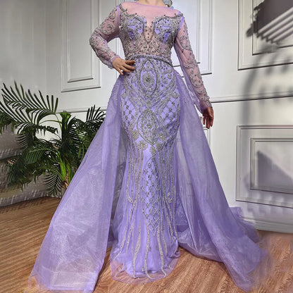 SERENE HILL Luxury Muslim Nude Beaded Mermaid Evening Dress with Overskirt LA71597 - SERENE HILL