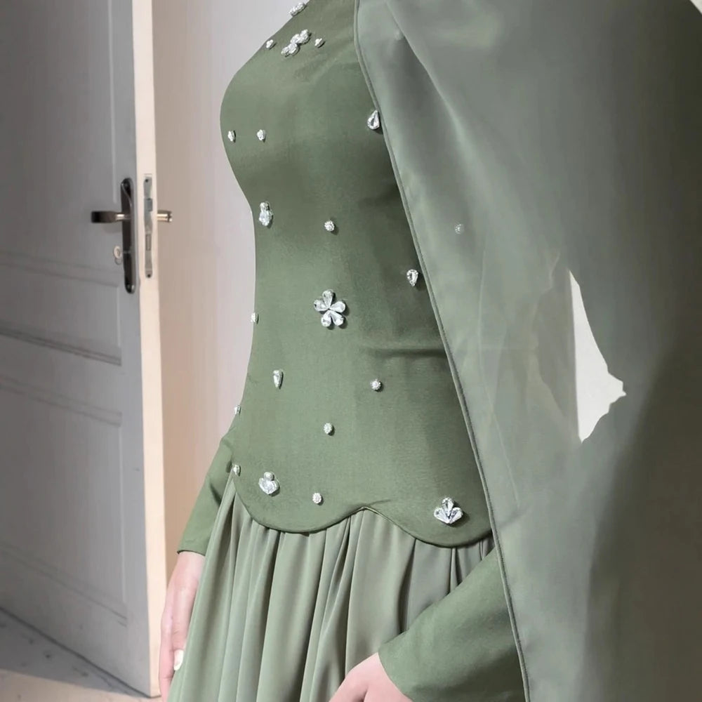 Luxury Olive Green Beaded Evening Dress with Cape LA73217 - SERENE HILL