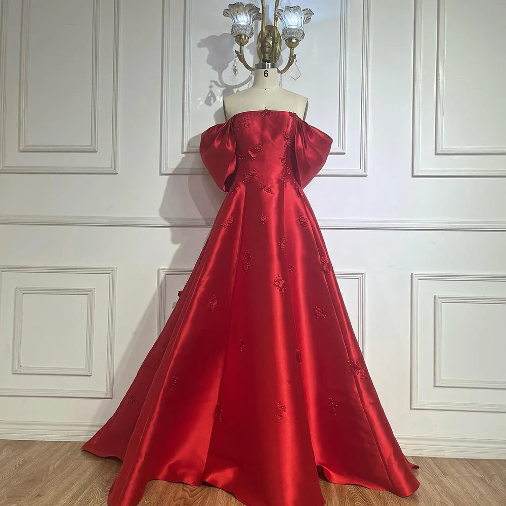 Luxury Dubai Saudi Arabia Elegant Off-Shoulder Wine Red A Line Evening Dress with Appliques Gown for Formal Occasion LA72778 - SERENE HILL