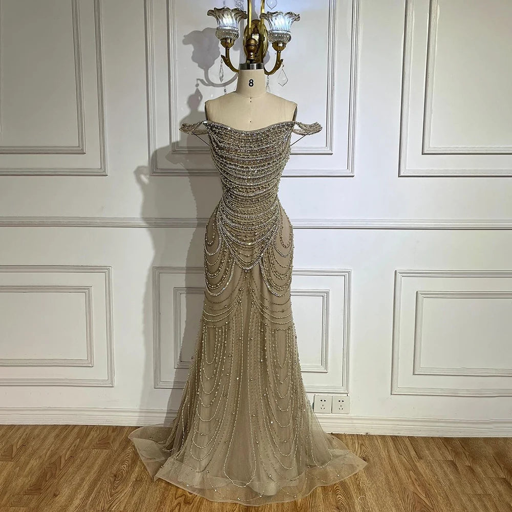 Luxury Crystal Silver Gray Pearl Beaded Evening Dress LA72253 - SERENE HILL