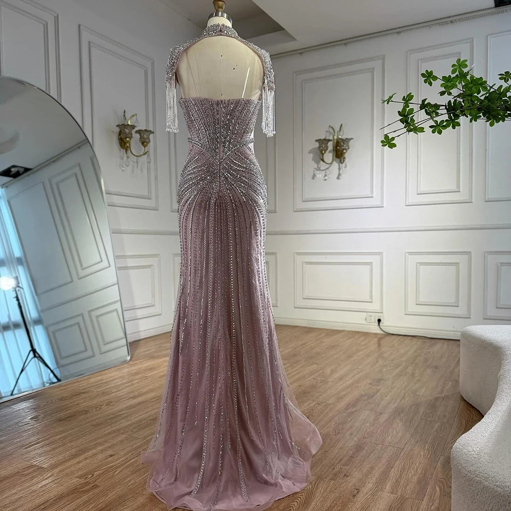 Nude Mermaid Evening Dress with Detachable High Neck Tassel LA72891A - SERENE HILL