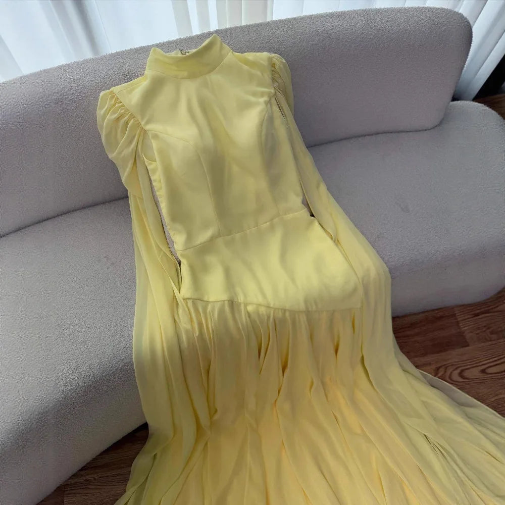 Luxury Yellow High Neck A-Line Evening Dress with Cape Sleeves LA73097 - SERENE HILL