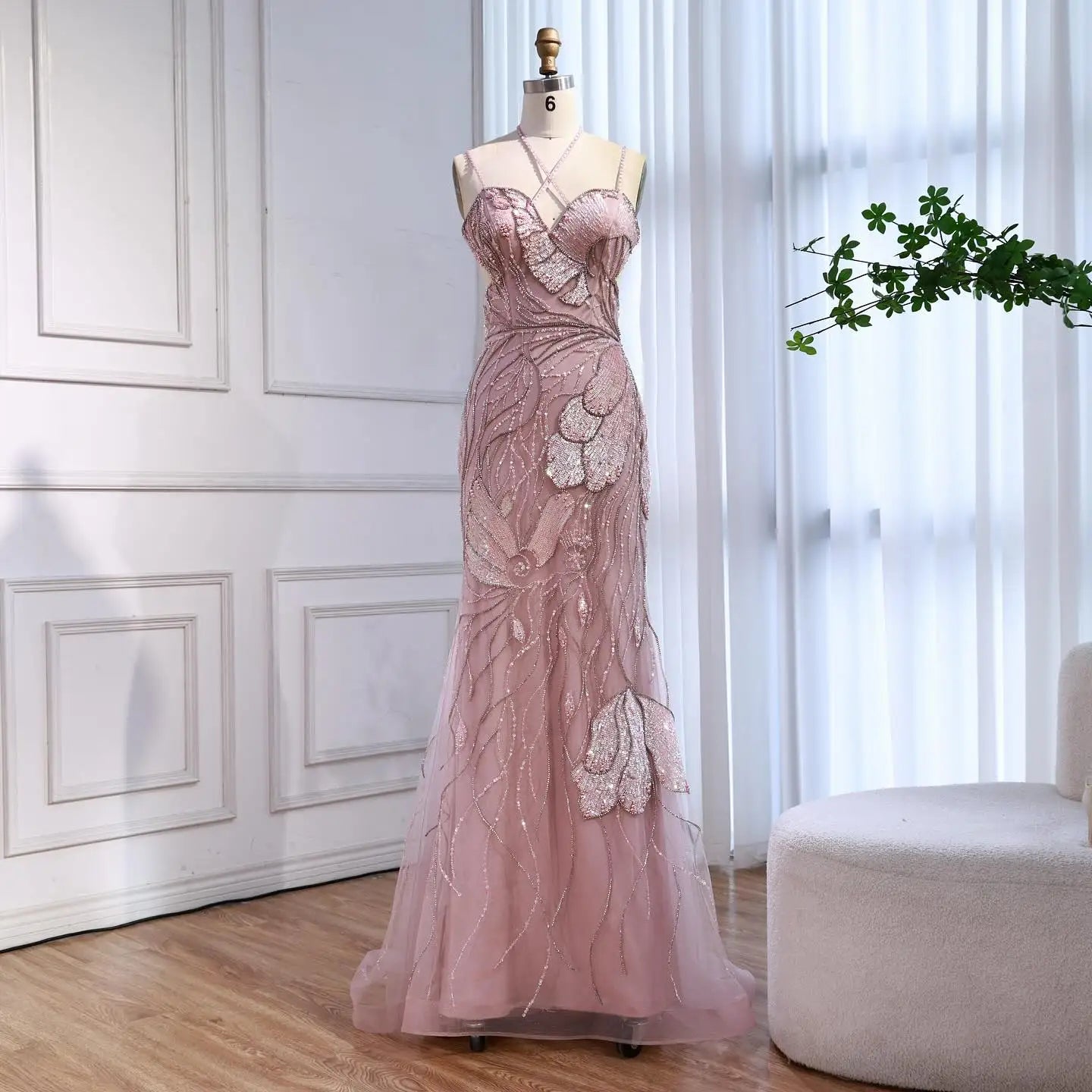 Luxury Pink Beaded Mermaid Evening Dress with Spaghetti Straps LA72492 - SERENE HILL