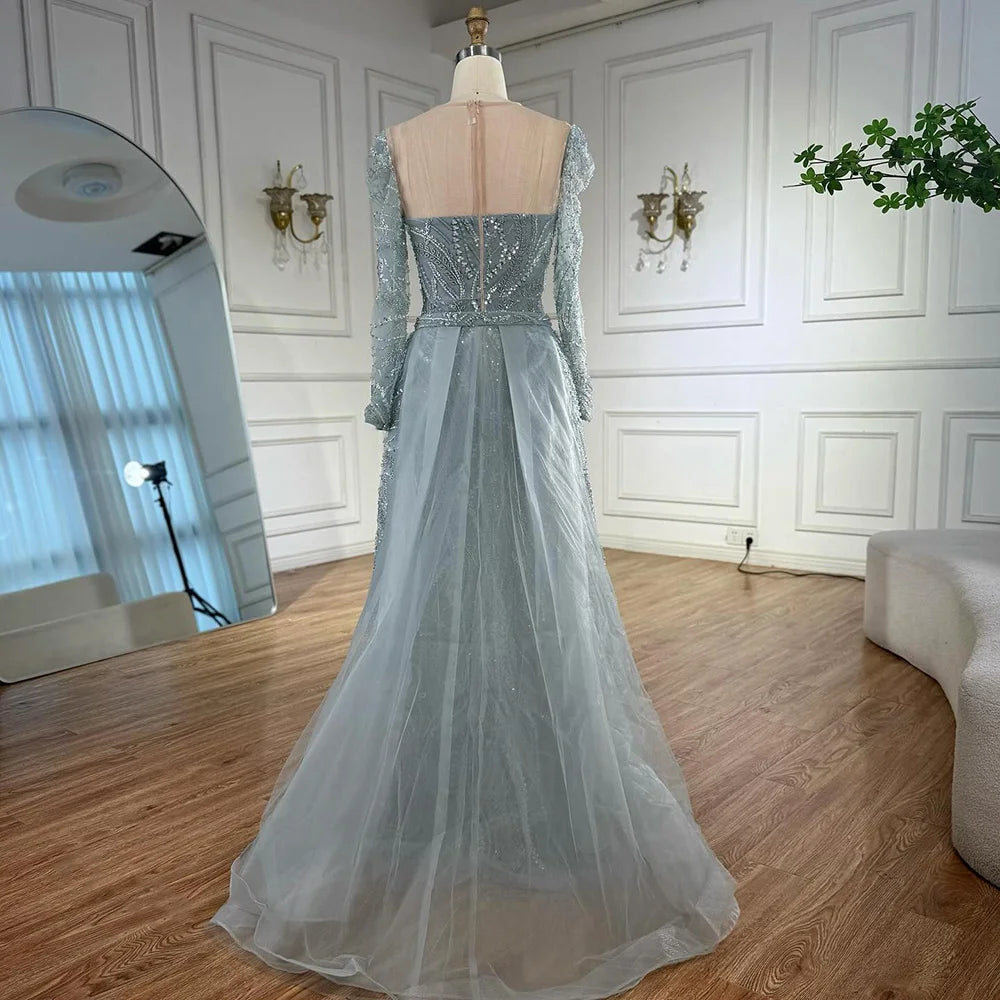 Luxury Sage Green Beaded Evening Dress with Detachable Overskirt LA73066 - SERENE HILL