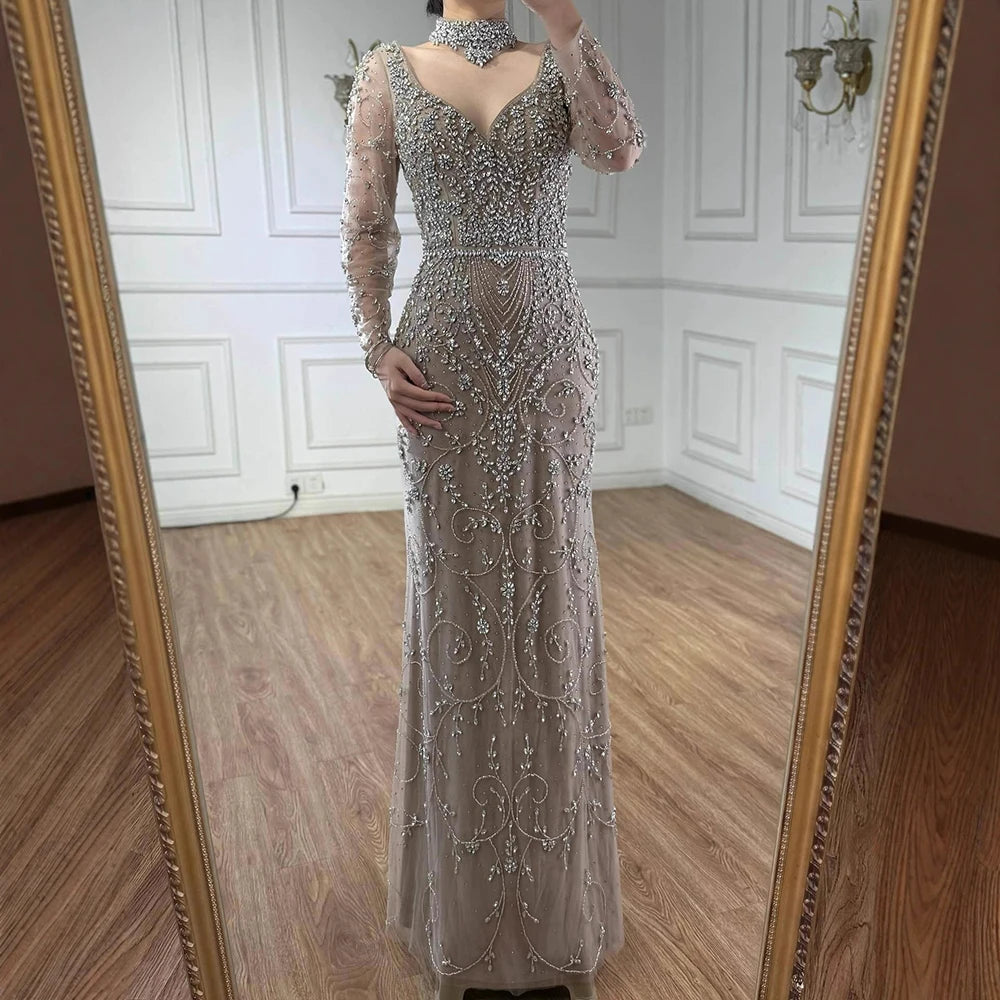 Luxury Caramel Beaded Crystal Mermaid Evening Dress Long Sleeves LA73042B - SERENE HILL
