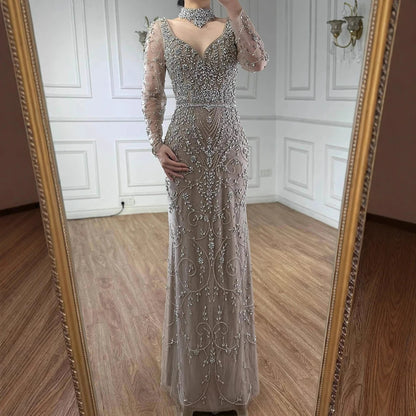 Luxury Caramel Beaded Crystal Mermaid Evening Dress Long Sleeves LA73042B - SERENE HILL