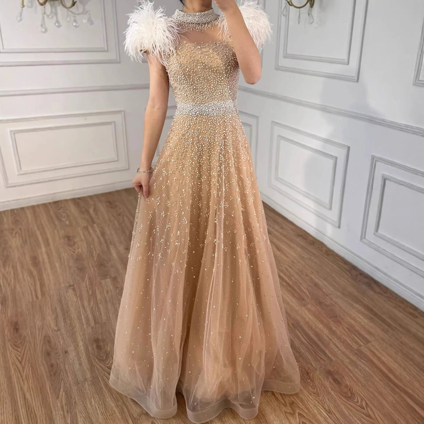 Luxury Nude Feather High Neck A-Line Beaded Evening Dress LA73420 - SERENE HILL