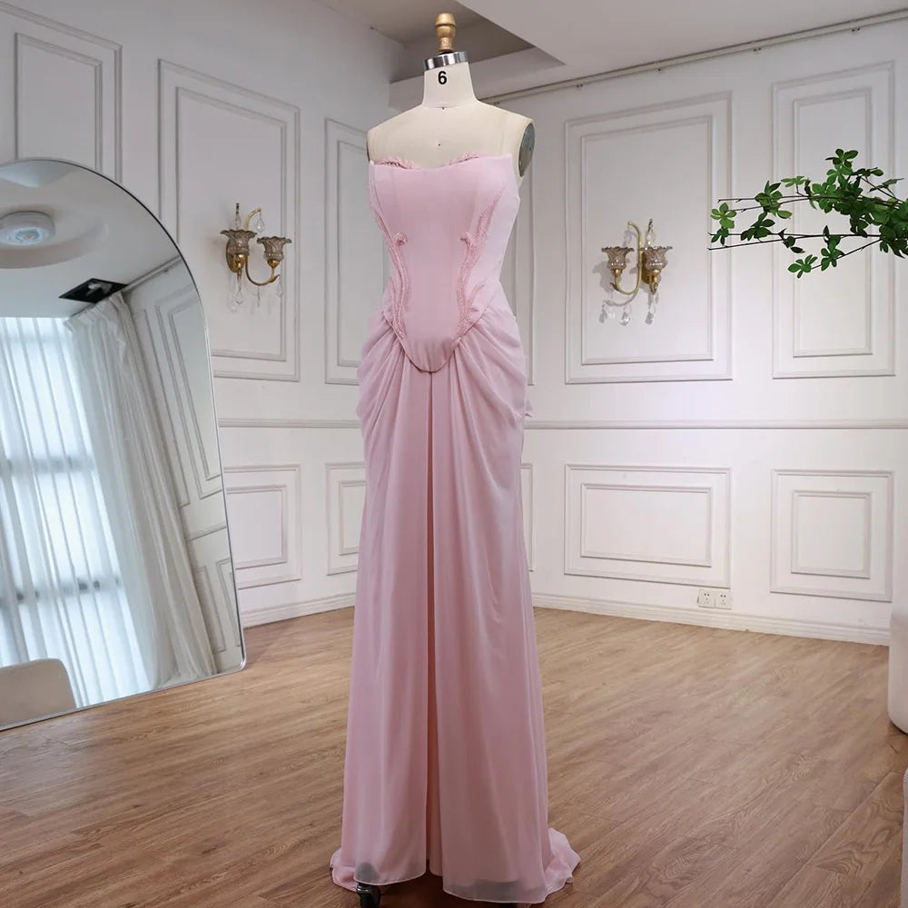 Pink Draped Satin Evening Dress with Rose Neck LA72946 - SERENE HILL