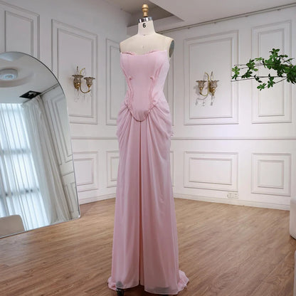 Pink Draped Satin Evening Dress with Rose Neck LA72946 - SERENE HILL