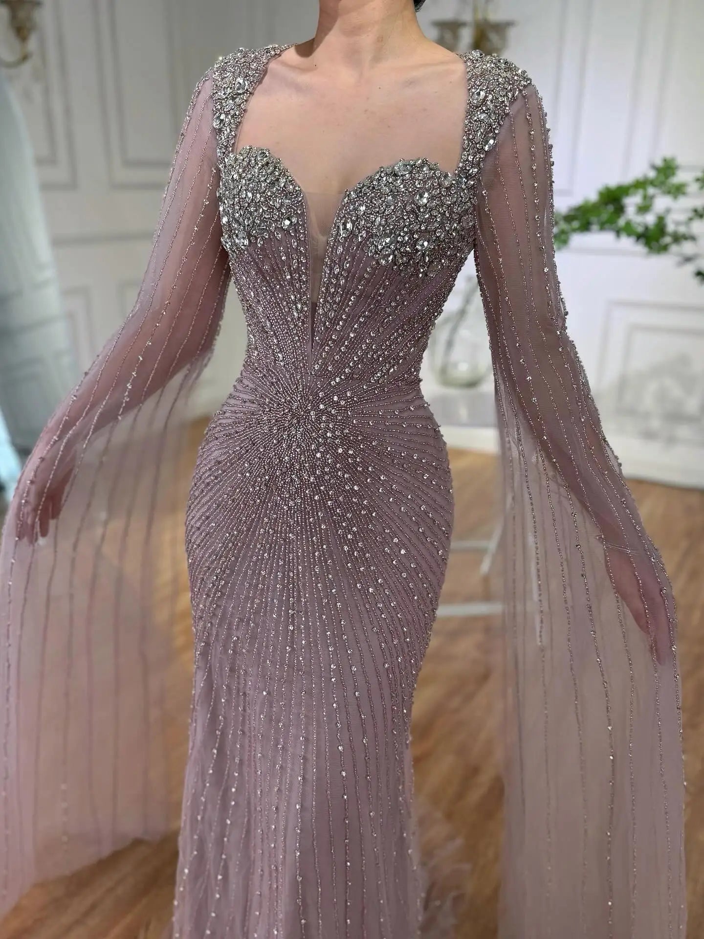 Luxury Caramel Crystal Beaded Mermaid Evening Dress with Cape LA72575D - SERENE HILL