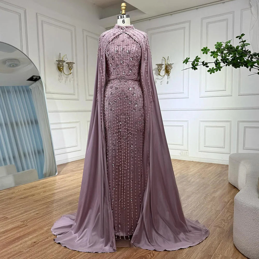 Modest Blue Muslim Beaded Evening Gown with Cape Sleeves LA72533 - SERENE HILL