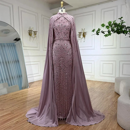 Modest Blue Muslim Beaded Evening Gown with Cape Sleeves LA72533 - SERENE HILL
