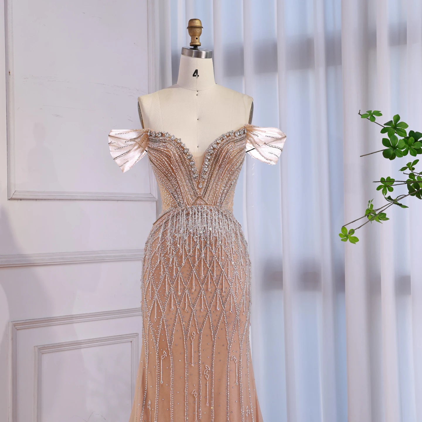 Luxury Nude Off Shoulder Beaded Tassel Evening Dress LA72854A - SERENE HILL