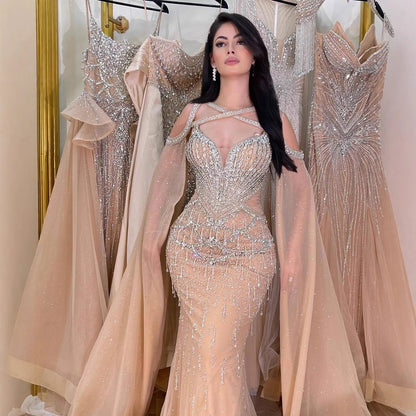 Luxury Nude Cape Sleeves Beaded Crystal Evening Dress LA72806 - SERENE HILL