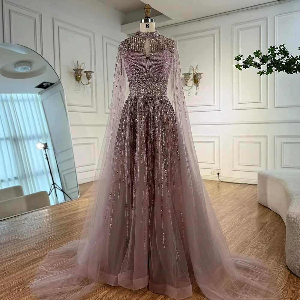 Luxury Modest Blue Beaded Evening Dress with Cape LA73059 - SERENE HILL