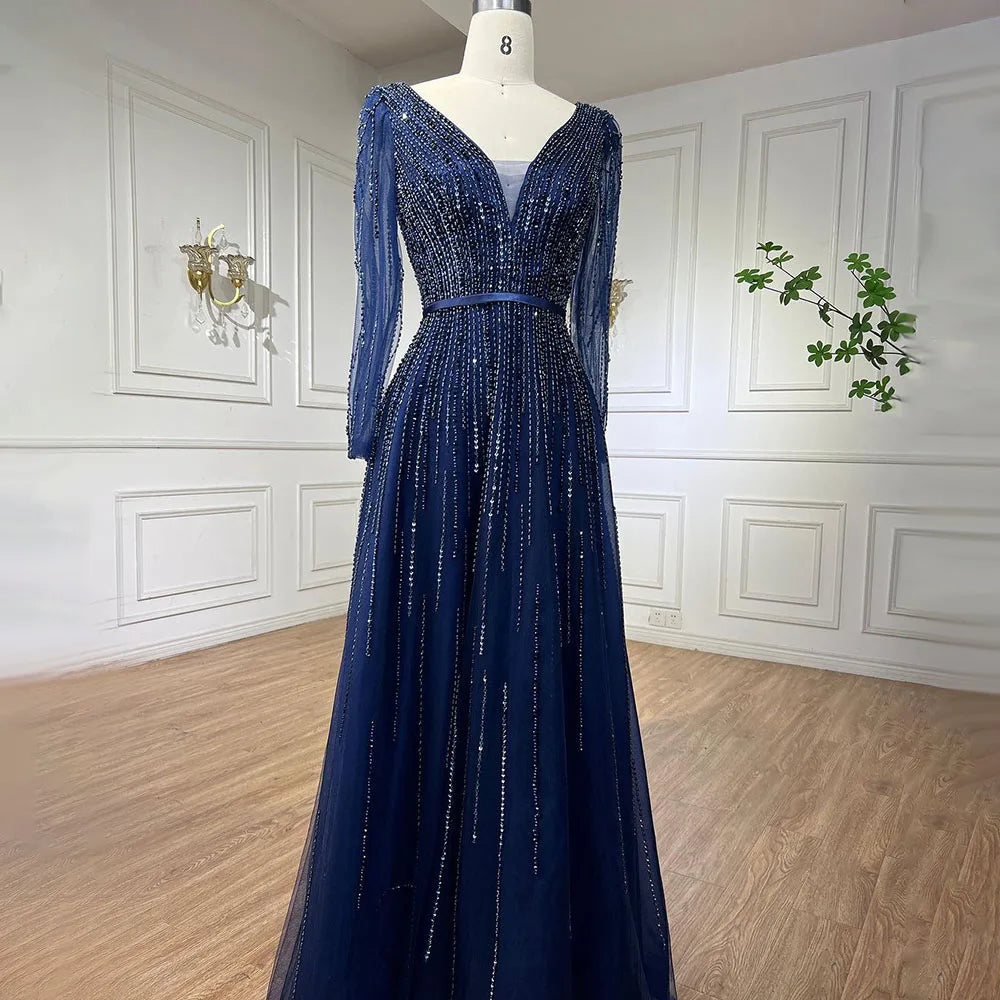 Muslim Navy Long Sleeves A-line Beaded Evening Dresses Forml Occasion Party Gowns For Women LA72019 - SERENE HILL