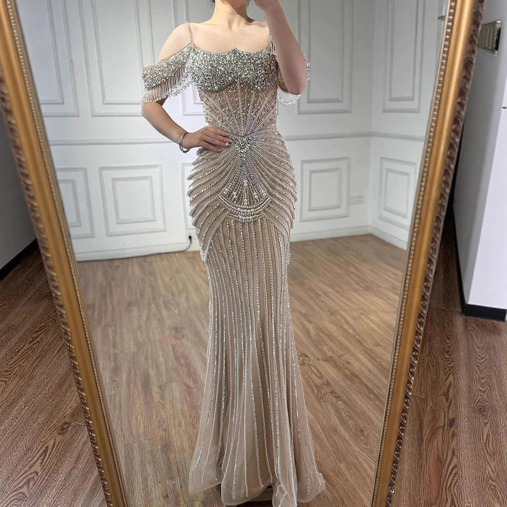 Luxury Sage Green Pearls Beaded Mermaid Evening Dress Off Shoulder LA73148 - SERENE HILL